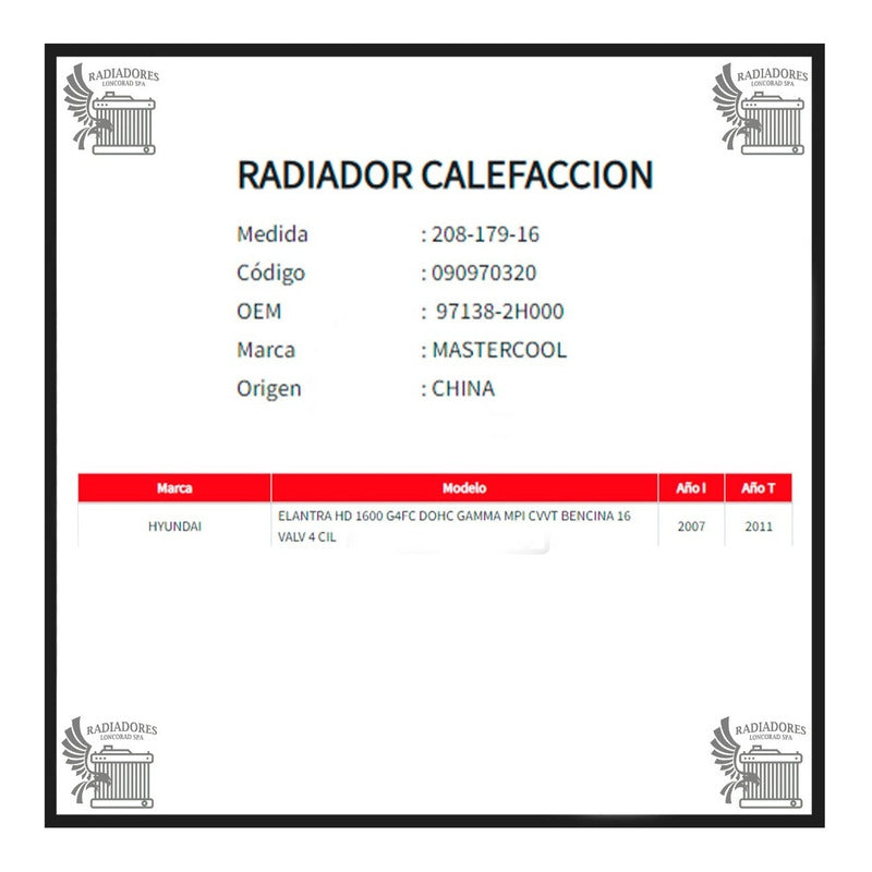 Radiador Calefaccion Hyundai New Elantra 1.6 G4fc