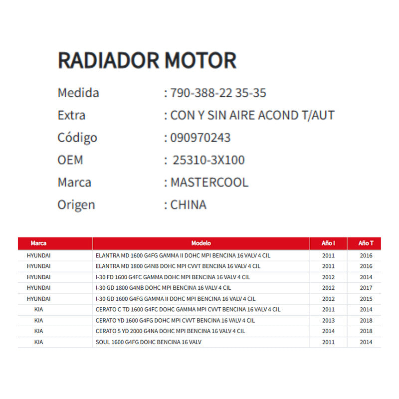 Radiador Motor Hyundai Elantra/kia Cerato 1.6/2.0 2011-2018