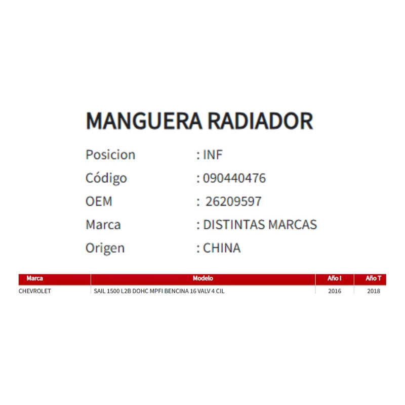 Manguera Radiador Chevrolet Sail 1.5 Inferior 16-18