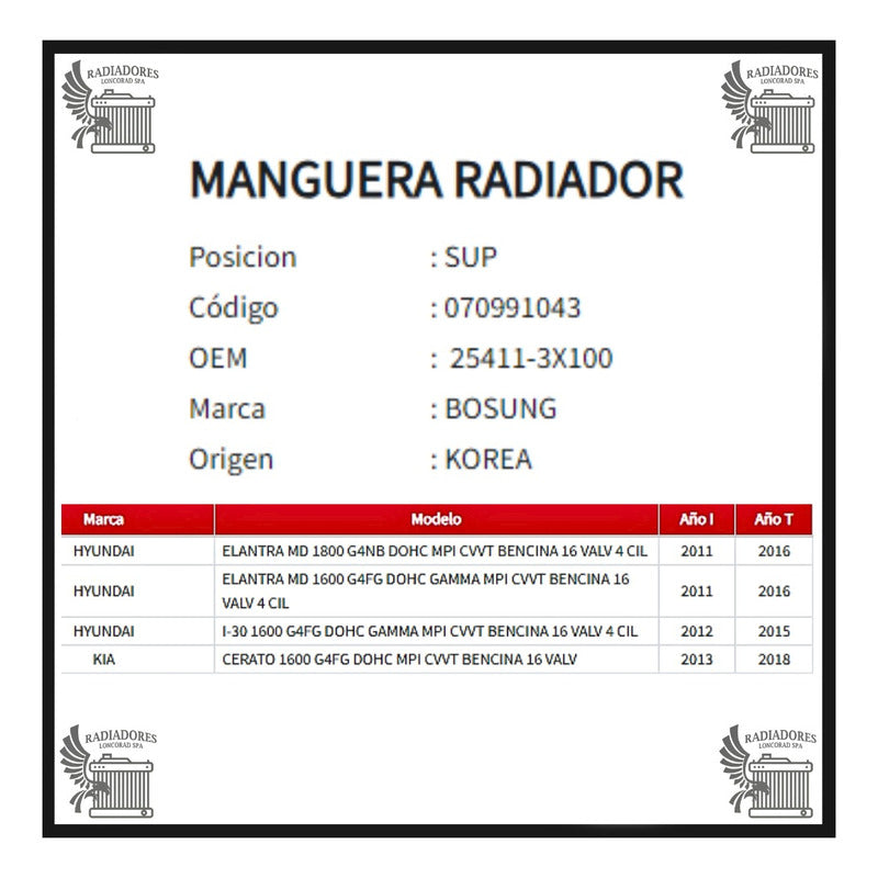 Manguera New Elantra 1.6 Kia Cerato G4fg Inferior 11-16