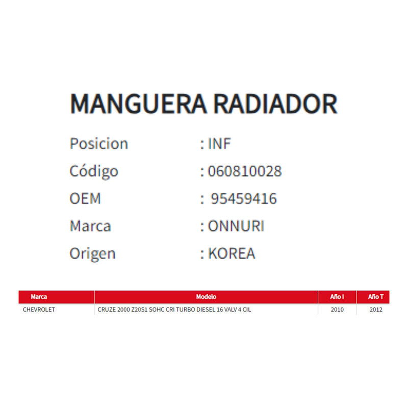 Manguera Radiador Chevrolet Cruze 2.0 2011 Inferior