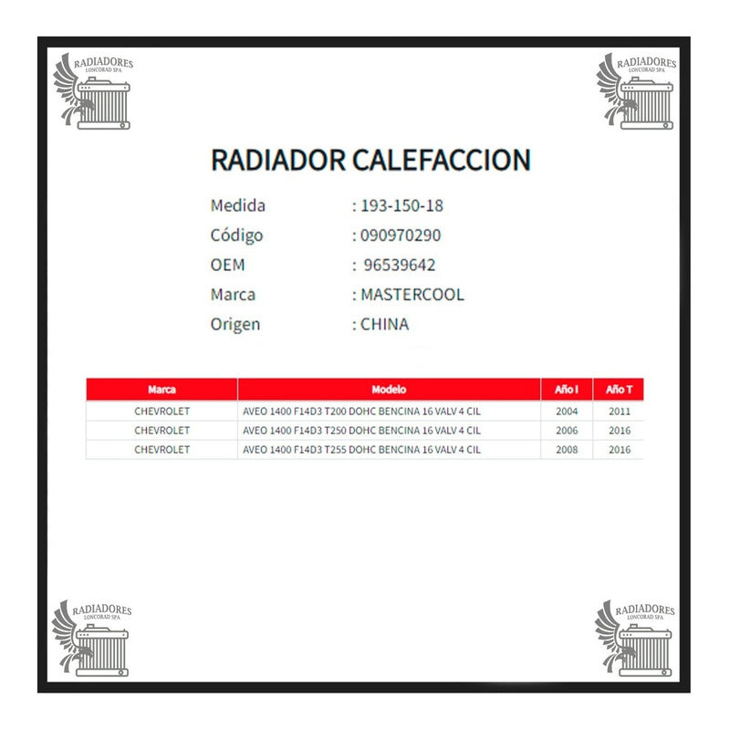 Radiador de Calefacción Chevrolet Aveo 1.4 (2004–2016)