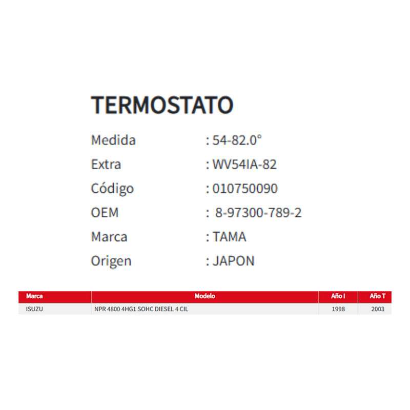 Termostato para Isuzu NPR 4.8 (1998 al 2003)