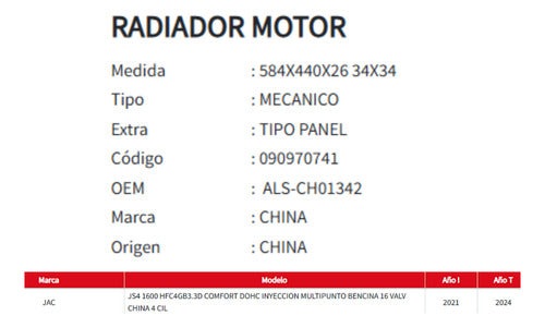 Radiador Motor Jac Js4 1.6 2021-2024