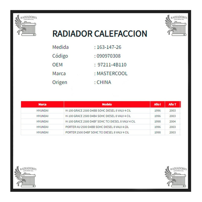 Radiador de Calefacción Hyundai H100 / Porter (1996–2004)