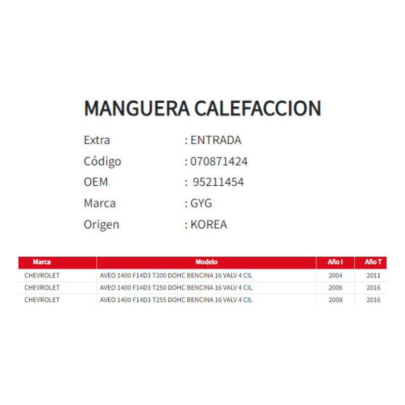 Manguera Calefaccion Entrada Chevrolet Aveo 1.4 04-16