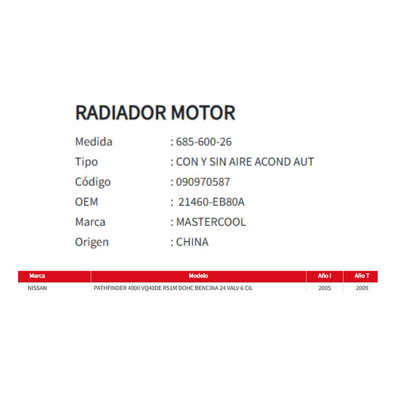 Radiador Motor Nissan Pathfinder 4.0 2005-2009