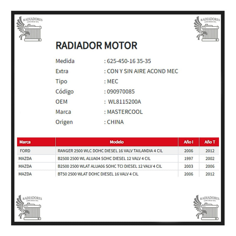 Radiador Motor Mazda B2500-Bt50 / Ford Ranger Diesel 2.5d