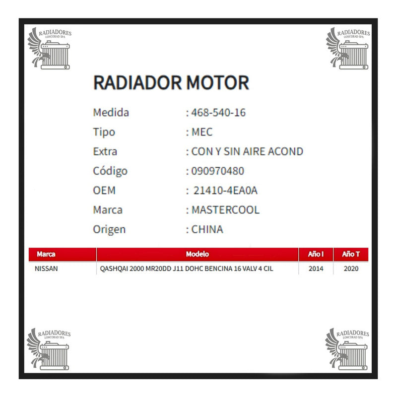 RadiRadiador Motor Nissan Qashqai 2.0 Mr20de J11 Cvt Mt