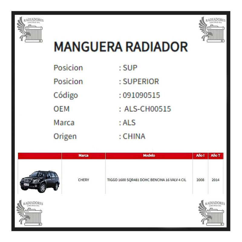 Manguera Radiador Chry Tiggo 1.6 Sqr481 Superior 08-14