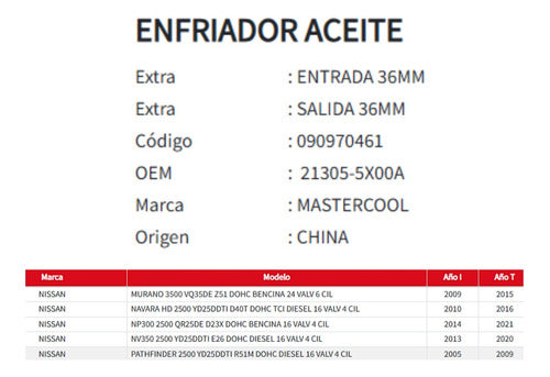 Enfriador Aceite Nissan Nv350/np300/navara/murano 2.2 09-21