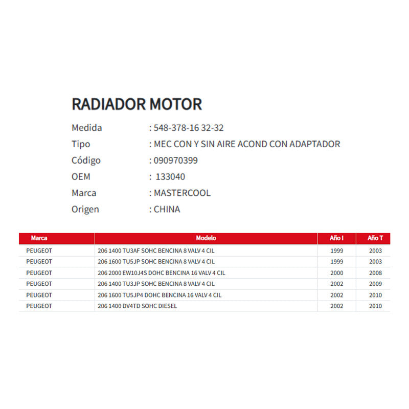 Radiador Motor Peugeot 206 1.4/1.6/2.0 1999-2010