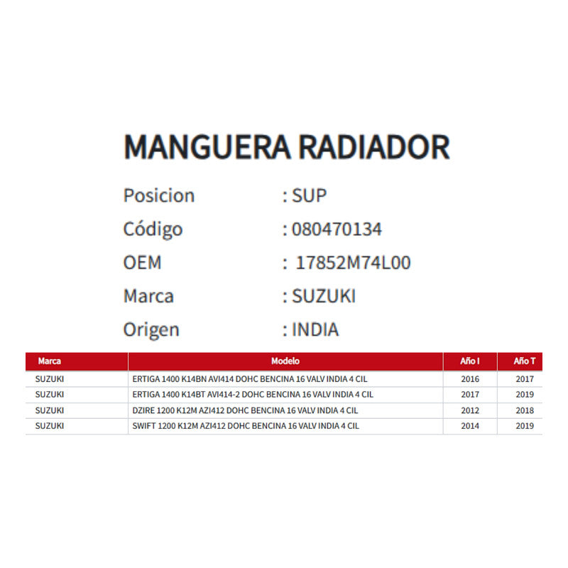 Manguera Radiador Suzuki Swift Dzire 1.2/1.4 2013 Superior