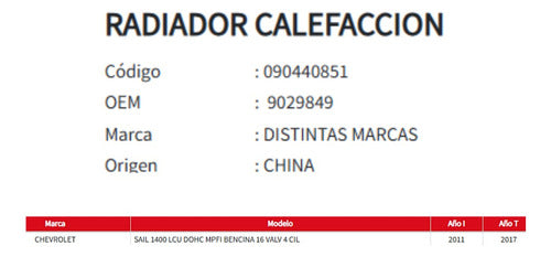 Radiador de Calefacción Chevrolet Sail 1.4 (2011–2017)