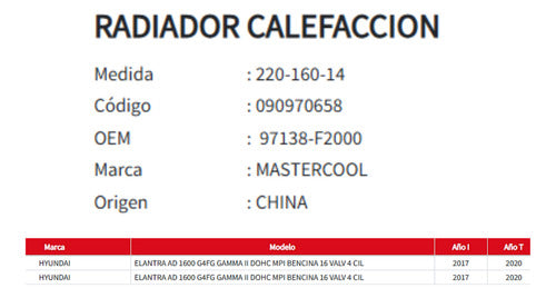 Radiador de Calefacción Hyundai Elantra AD 1.6 (2017–2020)