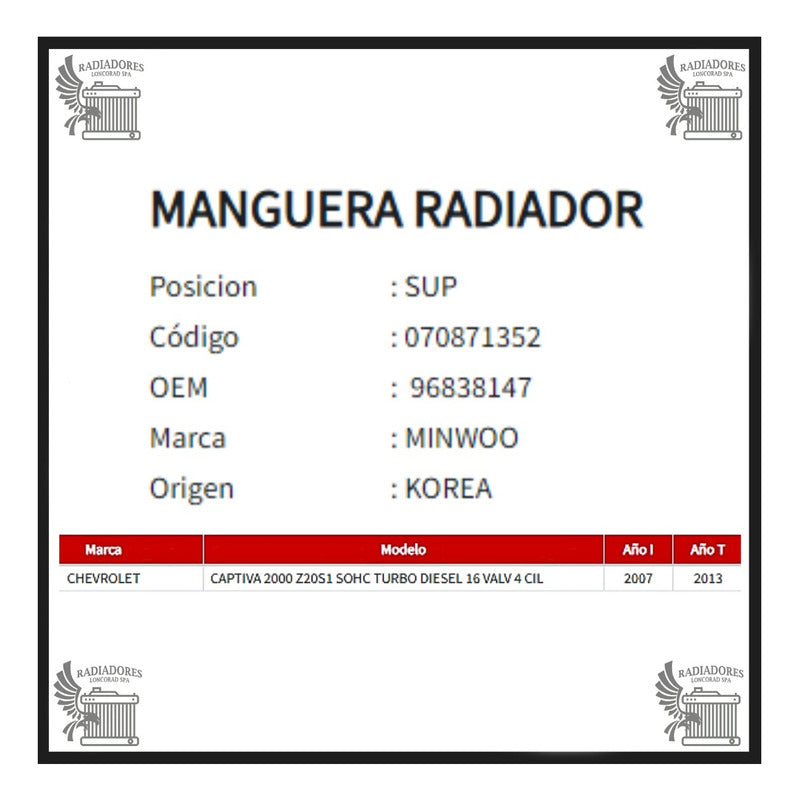 Manguera Radiador Chevrolet Captiva 2.0 Superior 07-13