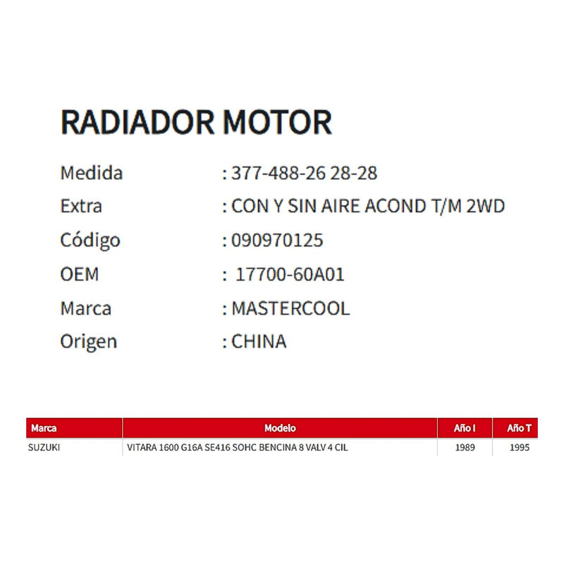 Radiador Motor Suzuki Vitara 1.6 - 89-97 T/m C/s Acond