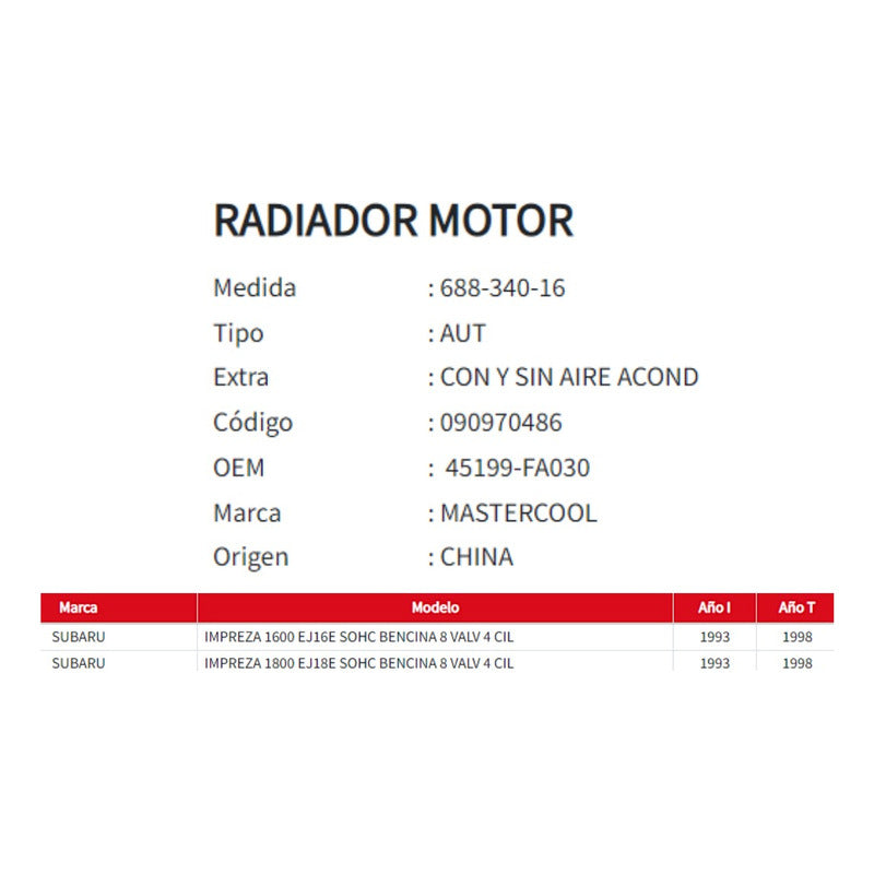 Radiador Motor Subaru Impreza 1.6/1.8/2.0 1993-2002