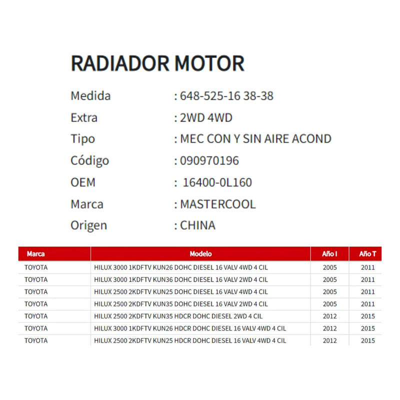Radiador Motor Toyota Hilux Vigo 2.5/3.0 2005-2015