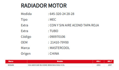 Radiador Motor Nissan V16-e16 B13 1.6 1993-1997 TM