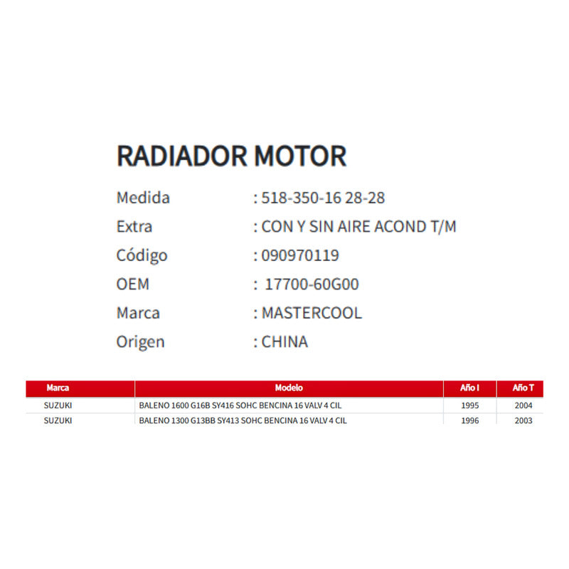 Radiador Motor Suzuki Baleno 1.3 / 1.6 (1995–2004)