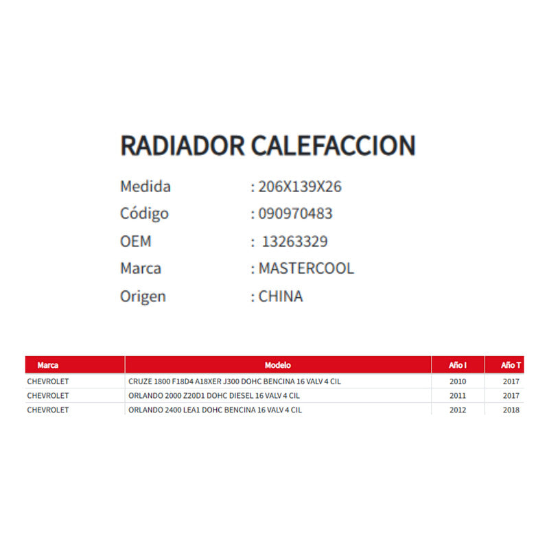 Radiador Calefaccion Chevrolet Orlando / Cruze 2010 - 2018