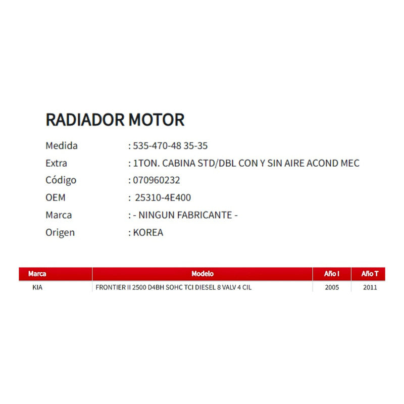 Radiador Motor Kia Frontier 2.5d 2005-2011