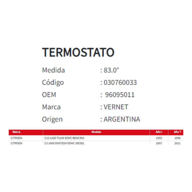 Termostato para Citroën C15 1.1 / C5 1.6 HDI (1995 al 2011)
