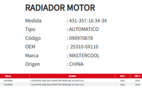 Radiador Motor Hyundai Kappa 1.2 2011-2014
