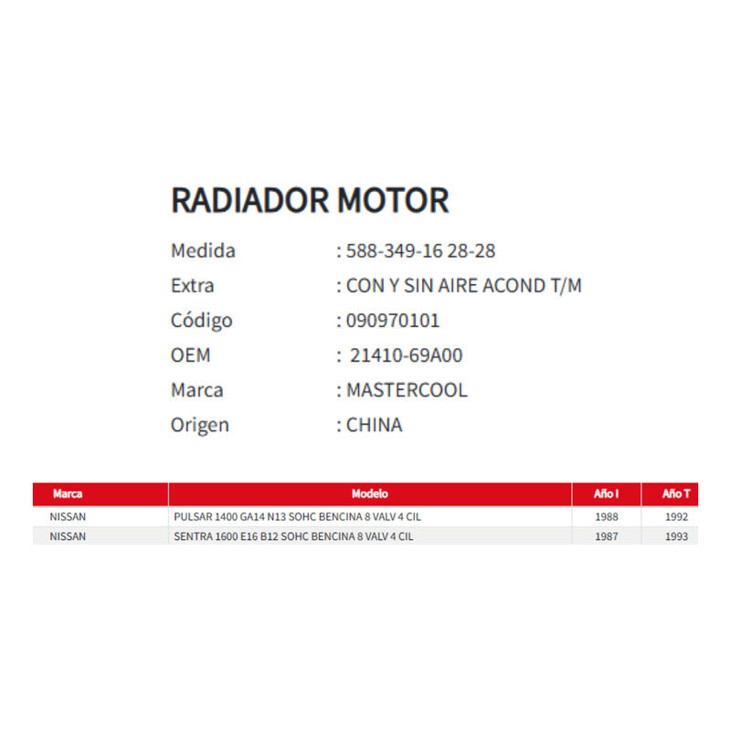 Radiador Motor Nissan Sentra 1.6 / Pulsar 1.4