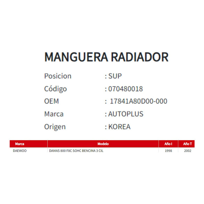 Manguera Radiador Daewoo Damas Superior 800 98-02