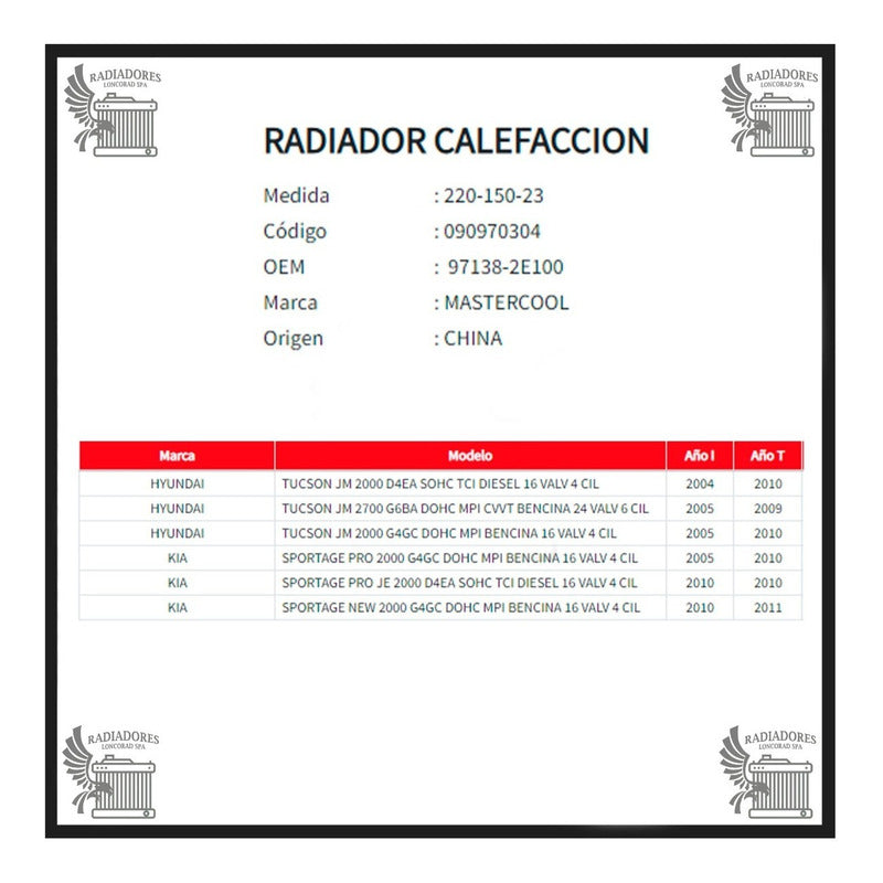 Radiador de Calefacción Hyundai Tucson / Kia Sportage (2004–2011)