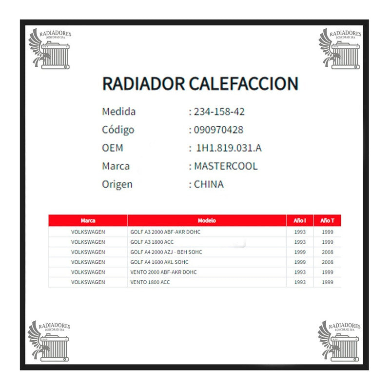 radiador Calefaccion Volkswagen Golf A3 1,8/2,0 Vento