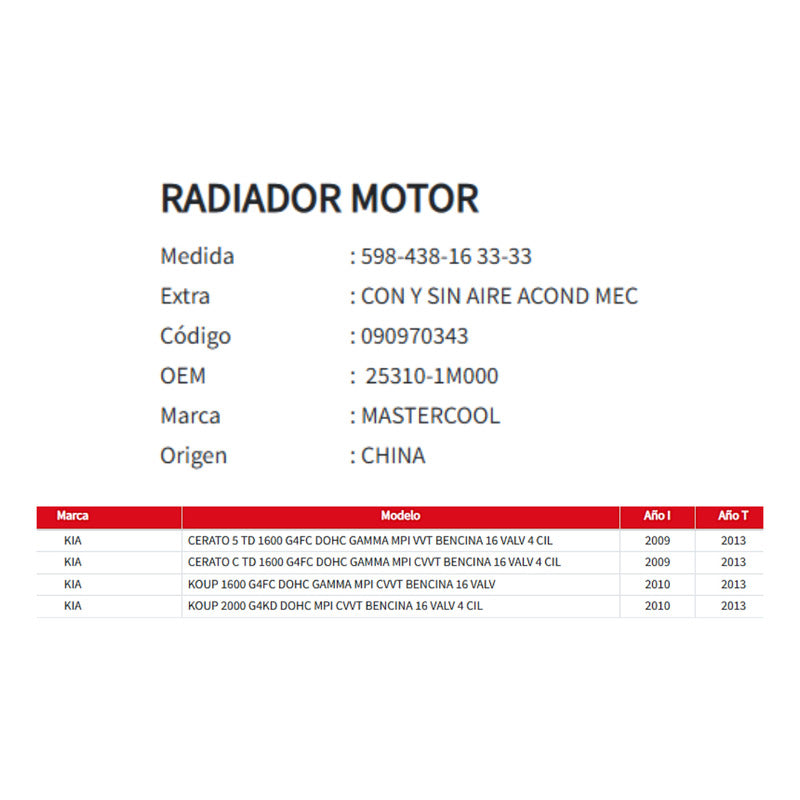 Radiador Motor Kia Cerato 1.6 - Koup 1.6/2.0