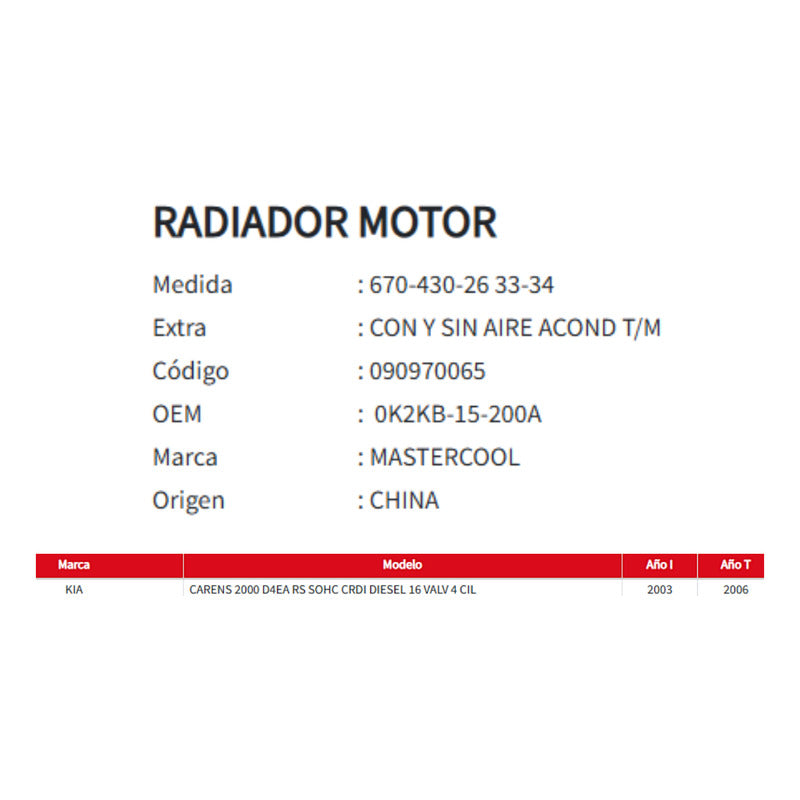 RADIADOR MOTOR KIA CARENS 2.0 2003-2006