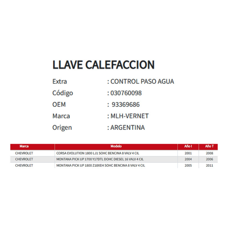 Llave Calefaccion Chevrolet Corsa-monatana 2001-2011