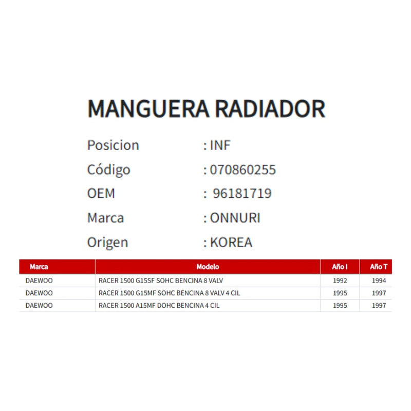 Manguera Radiador Daewoo Racer 1.5 1992-1997 Inferior