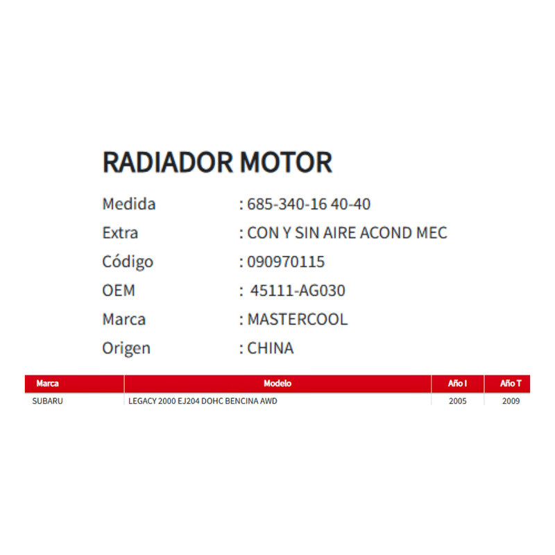 Radiador Motor Subaru Legacy 2.0 2005-2009 Mecánico