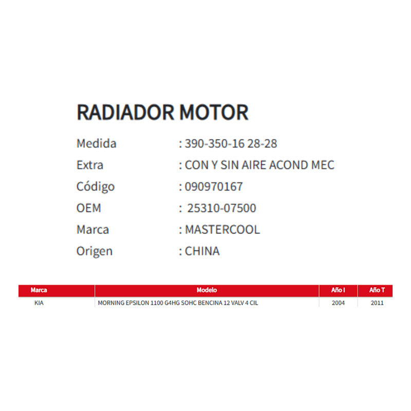 Radiador Motor Kia Morning 1.1 2004-2011