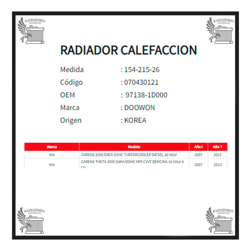 Radiador de Calefacción Kia Carens (2007–2013)