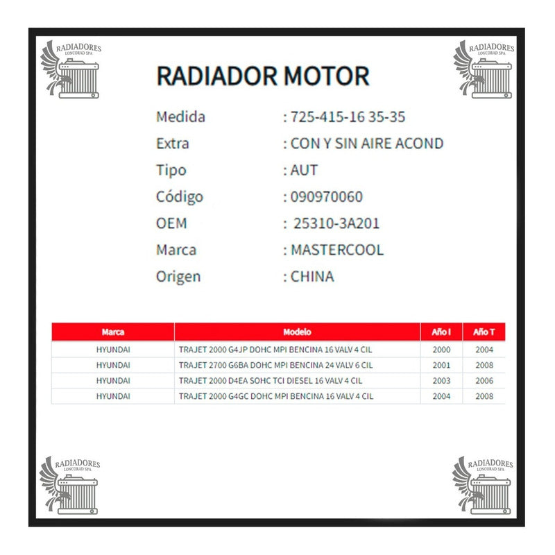 Radiador Motor Hyundai Trajet 2.0 Dohc-2.0d Sohc 00-06 2-7 Dohc
