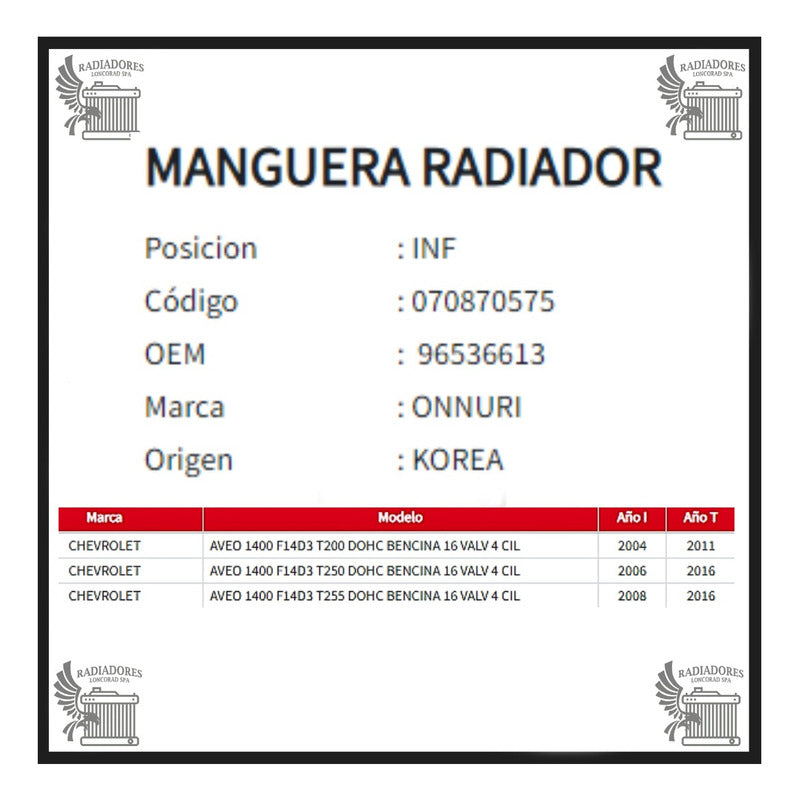 Manguera Radiador Chevrolet Aveo 1.4 Inferior 04-16