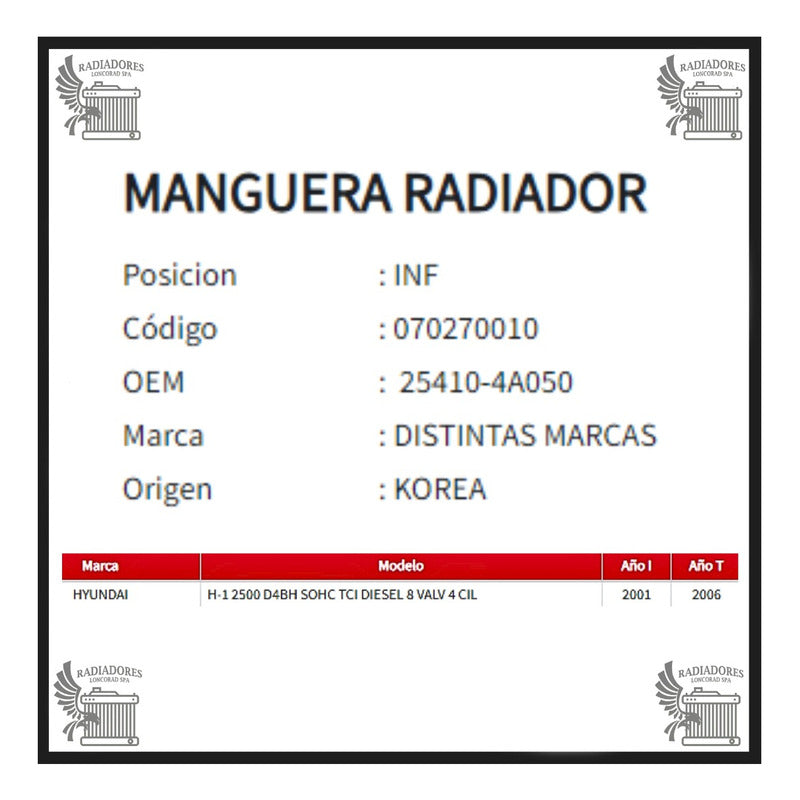 Manguera Radiador Hyundai Furgon H1 2.5 Inferior 01-06