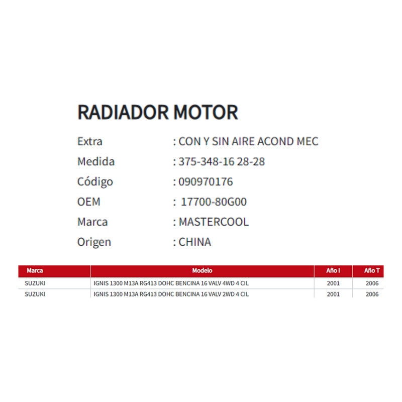 Radiador Motor Suzuki Ignis 1.3 01-06
