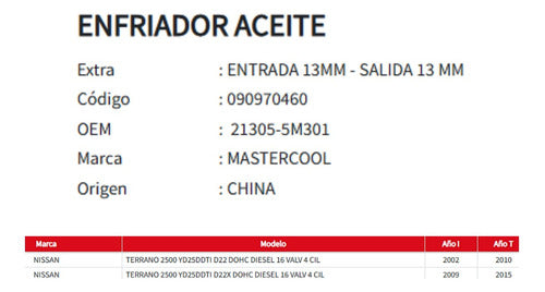 Enfriador Aceite Nissan Terrano 2.5 02-15