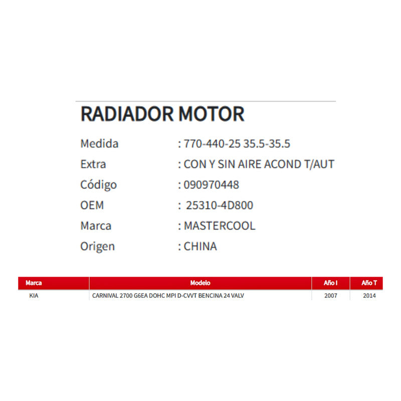 Radiador Motor Kia Grand Carnival 2.7 2007-2014