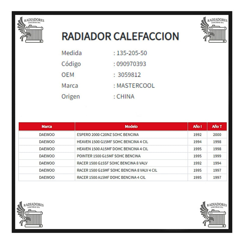 Radiador de Calefacción Daewoo Haven/Racer/Pointer/Espero (1992–2000)