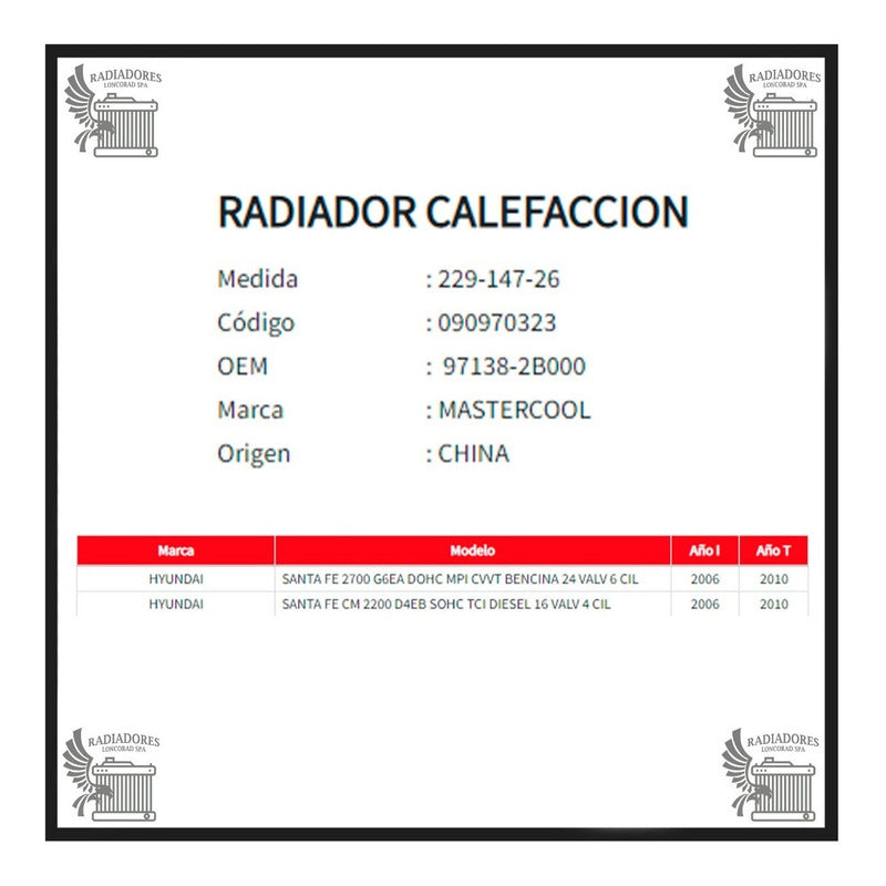 Radiador de Calefacción Hyundai New Santa Fe 2.2 (2006–2010)