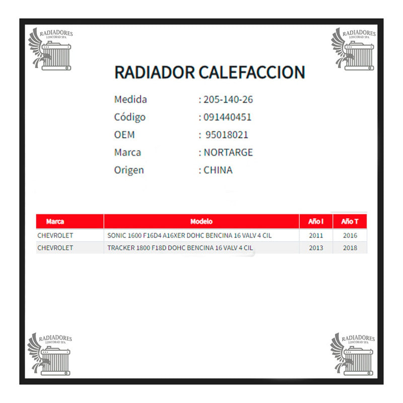 Radiador de Calefacción Chevrolet Sonic - Tracker 1.6/1.8 (2011–2018)