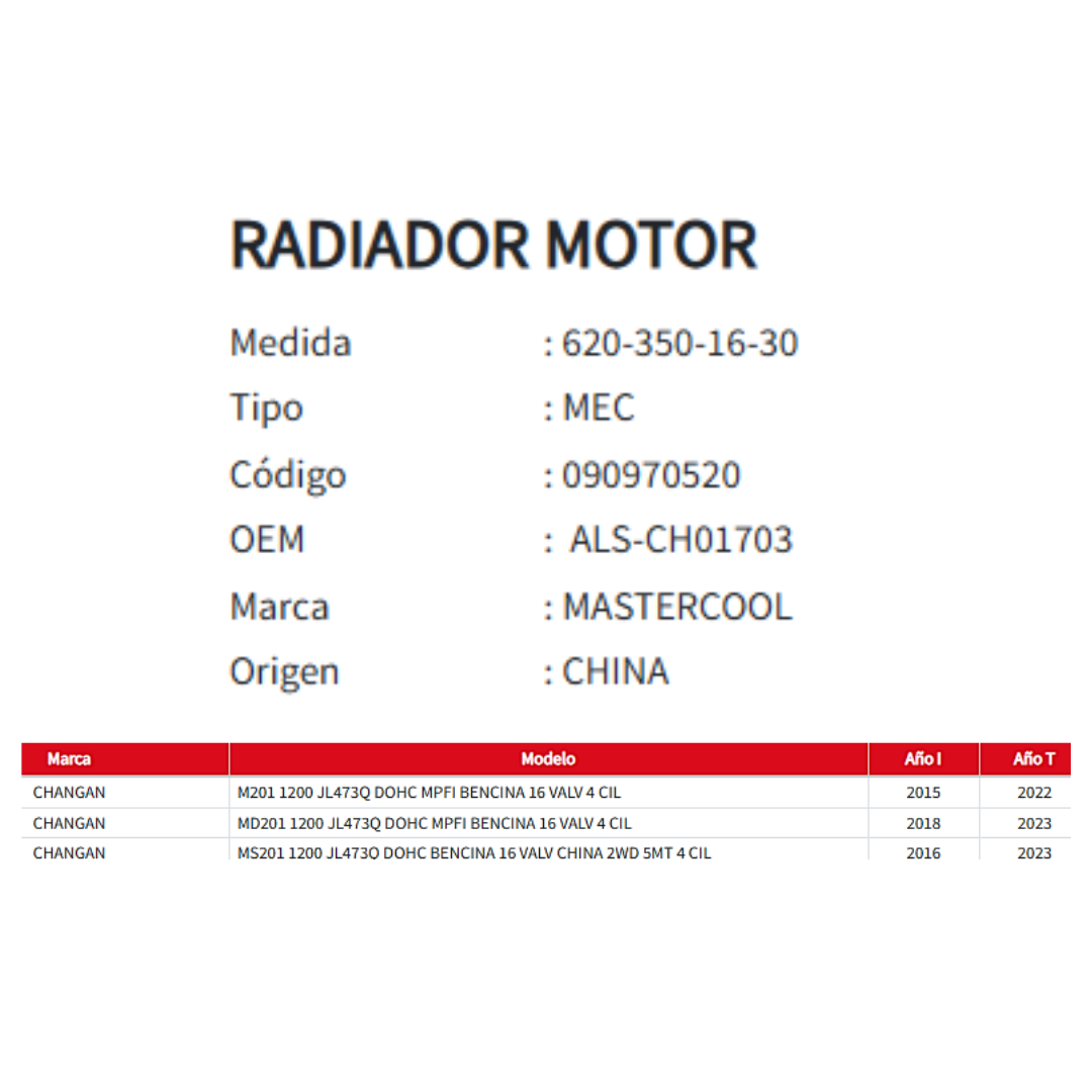 Radiador Motor Changan MD201 1.2 (2014–2020)